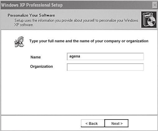 Figure 2-13 Windows XP Professional Setup dialog box (1/2) e5071cse1074 Step 4. In the next dialog box, input agena in the Name box.