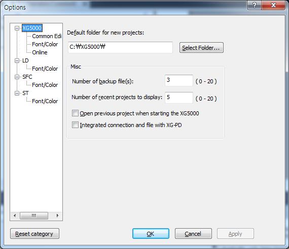 2.7.2 XG5000 option Specify items related with project. [Steps] 1. Select [Tools]-[Options] 2. Select XG5000 in option dialog box [Dialog box] a b c d e f [Description of dialog box] a.
