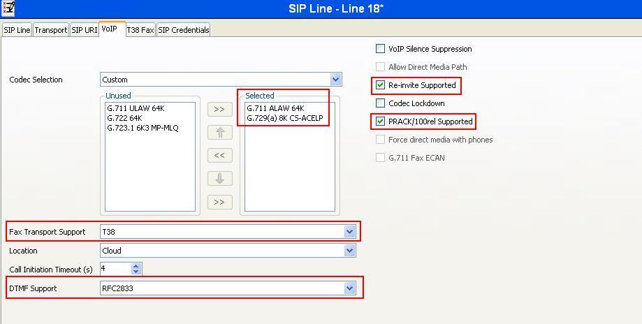 Select the VoIP tab, to set the Voice over Internet Protocol parameters of the SIP line. Set the parameters as shown below: Select Custom from the drop-down menu. Select G.711 ALAW 64K and G.