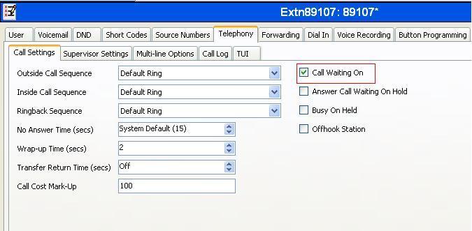 Remaining in the Telephony tab for the user, select the Call Settings tab as shown below.