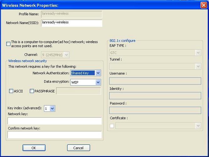 Configuring WEP encryption Select WEP from the Data encryption box. Under Network Authentication, you will want to select Shared key or Open System, depending on the router settings.