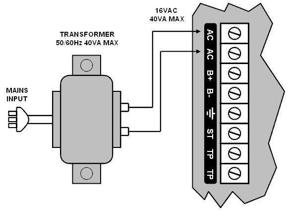 primary of a 16.5VAC, 50/60Hz, 40VA Transformer to the electrical circuit and run the secondary to the AC input on the controller terminals.