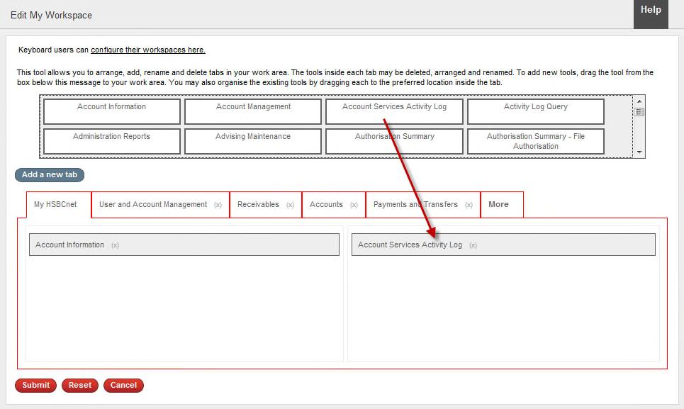 Adding a service to a tab Renaming services All services have a default name that is displayed as the title of the service when you are using your HSBCnet personal page.