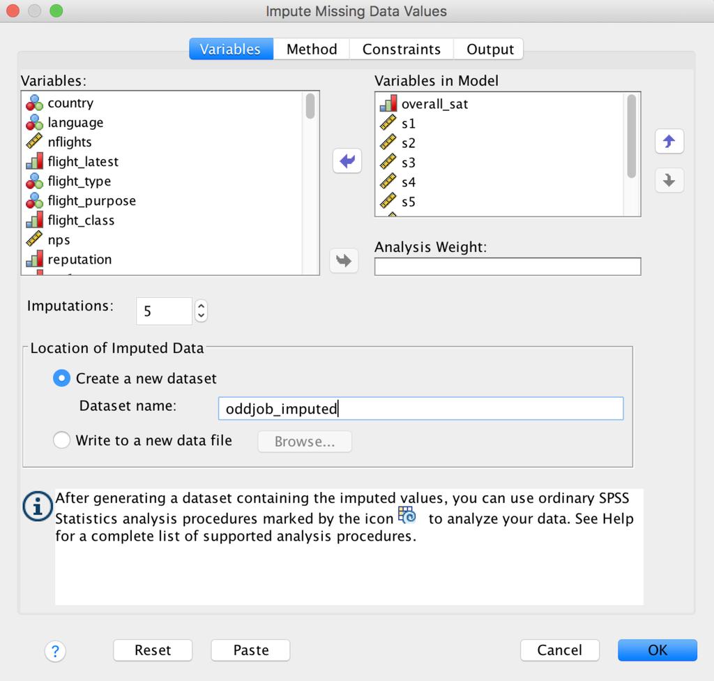 Fig A5.5 Multiple imputation dialog box Next, specify the number of times the missing values should be replaced (i.e., m=5) under Imputations and indicate a name for the new dataset, such as oddjob_imputed, next to Dataset name.