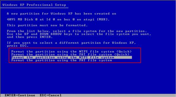 (if you install XP into an already existing partition, you have additional options to leave the current disk formatting intact).