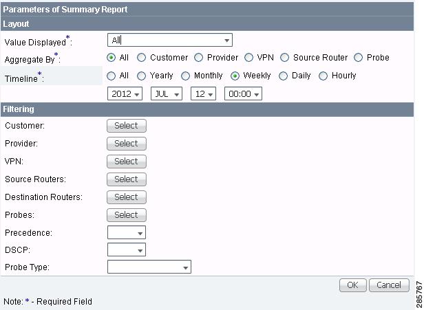 SLA Figure 10-10 Parameters of Summary Report For Figure 10-10, fill in the Layout fields, as follows: Value Displayed (required) (default: All) Click the drop-down list and choose one of the