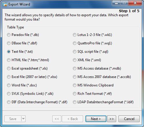 Data Management Tools 29 Setting Export File Format (Step 1) Select one of the available table formats.