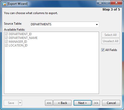 Data Management Tools 32 Selecting Fields for Export (Step 3) Select table fields for export. All the fields are selected in the Available Fields list by default.