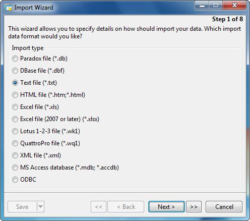 Data Management Tools 7 Setting Import File Format (Step 1) Select one of the available import types for the source file.