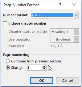 Change the number format to roman numerals, and select start at i (not continue from previous section.