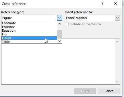 From the Insert reference to drop down, select Caption title and number only Select which figure/table you want to insert from the for which caption box Shortcut to open the cross reference box: Alt