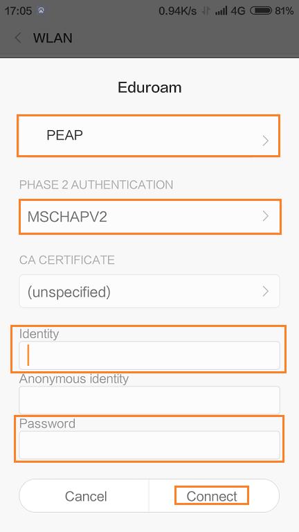 Choose PEAP in the field of EAP method Choose MSCHAPV2 in the field of Phase-2 authentication There is no need to