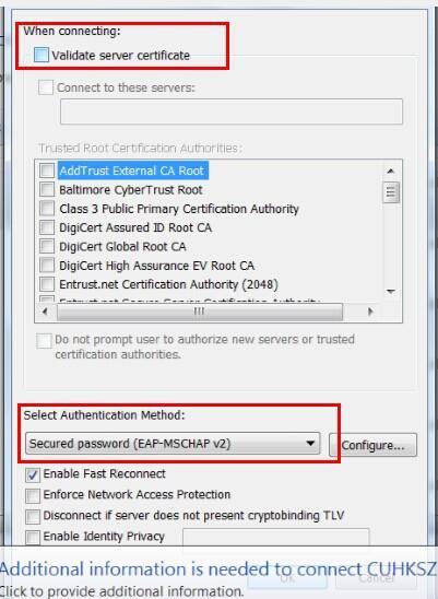 In the Protected EAP Properties window, Un-Check Validate server certificate.