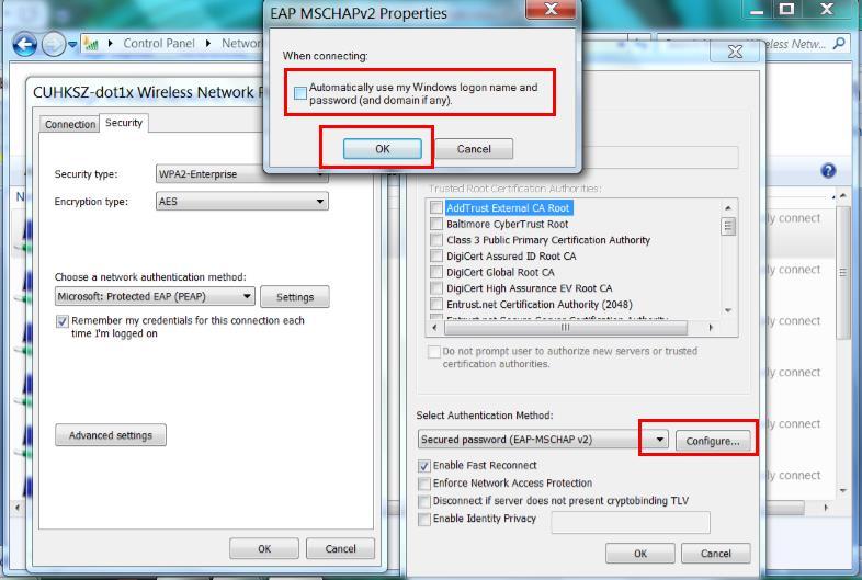 8. In the EAP MSCHAPv2 Properties window, Un-check Automatically use my Windows logon name and