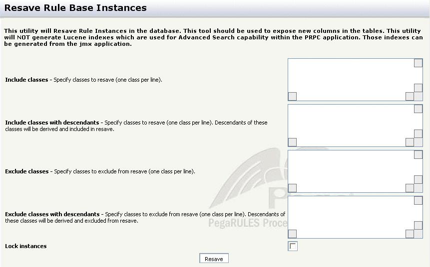 5-22 Administration and Security Managing the Data Figure 5-8. Resave Rule Base Instances Window 3. Enter the name of the class whose instances must be resaved in the Include classes text box.