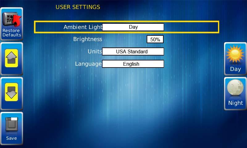 User Settings User Settings provides options to specify viewing preferences for the PV750 Display. Pressing Up and Down navigates through the options.