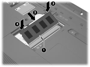 c. Gently press the memory module (3) down, applying pressure to both the left and right edges of the module, until