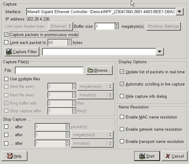 Figure 1.3 General capture settings for wireshark 3. Starting the traffic capture by clicking Start button in the Capture Options window.