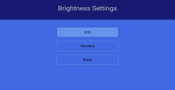 Brightness Settings Brightness Settings There are 3 different power modes for the P300 Neo Smart Projector: ECO: A battery saving mode that reduces picture brughtness.