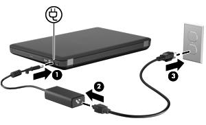 Connecting the AC adapter WARNING! To reduce the risk of electric shock or damage to the equipment: Plug the power cord into an AC outlet that is easily accessible at all times.