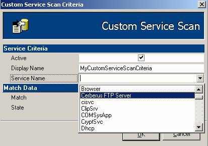 To set custom scan criteria for Services: 1. Click on the Custom Search Quires > Custom Scan Criteria menu option. 2. Click the Insert button and then select the Service menu option. 3.