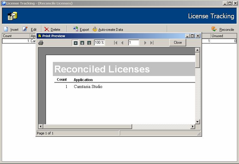 To reconcile application licenses: 1. Click on the License Functions > License Tracking - (Reconcile Licenses) menu option 2. Click on the button. 3.
