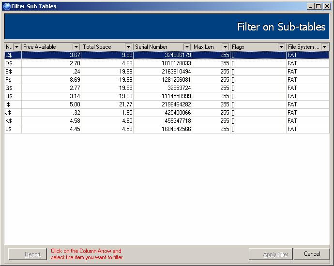 To apply filters on Disks: 1. Click on the icon in the vertical column on the right side of the Machines tab. 2. A Filter Sub Tables Dialog Box. 3.