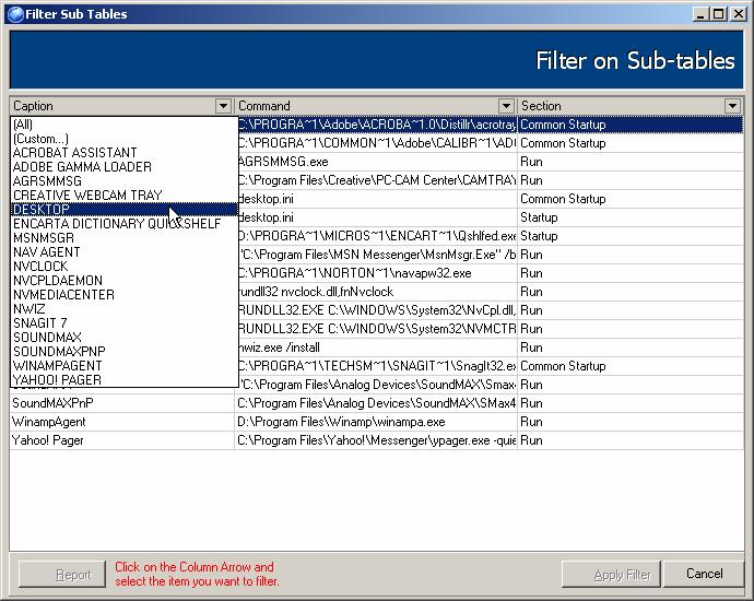 To apply filters on Startup applications 1. Click on the icon in the vertical column on the right side of the Machines tab. 2. A Filter Sub Tables Dialog Box. 3.