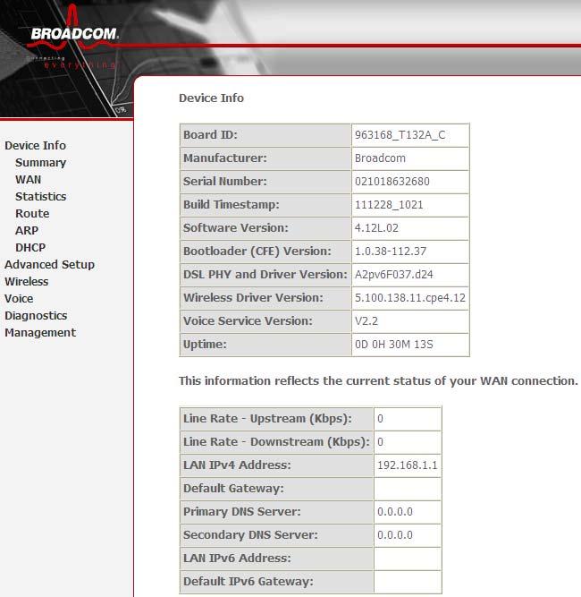 This page displays the device information such as the board ID, software version, and the information of your WAN