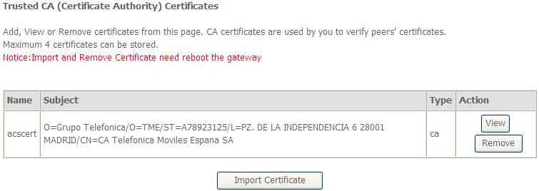 In this page, you may import or remove a CA certificate. Click the Import Certificate button to display the following page. In this page, enter the certificate name and paste the certificate content.