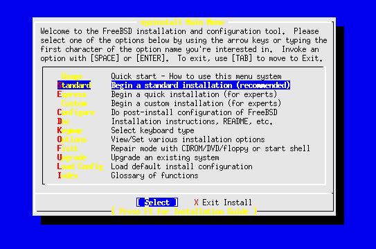 Initial Boot from Install Disc 1 Turn on the power for your machine. Sysinstall main menu Immediately place the first CD-ROM of the FreeBSD 5.3 install set in your machine's CD-ROM drive.
