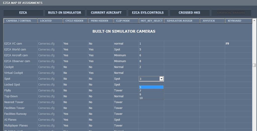 EZCA MAP OF ASSIGNMENTS system can call the cameras built-in simulator by pressing one button on the keyboard or joystick.