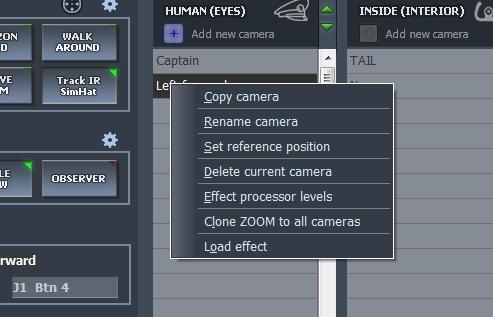 Drop-down menu elements: The menu is visible upon pressing the mouse right button on the camera's name.