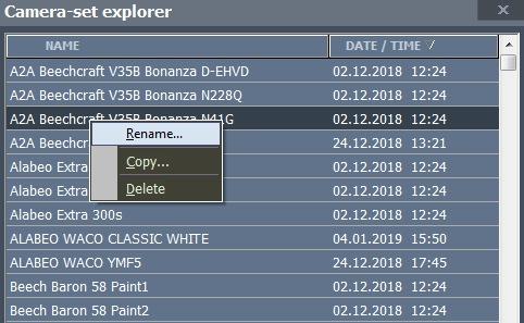 In the window you can rename the Camera-set that has just been assigned to all the liveries (the mouse right button Rename), for example, by deleting the registration number and airline s name in the