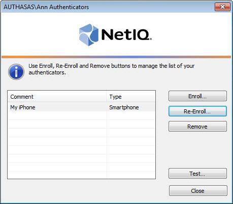Re-enrolling Smartphone Authenticator This operation may be forbidden by NetIQ administrator. In such cases the Re-Enroll button in the Authenticators window is greyed out.