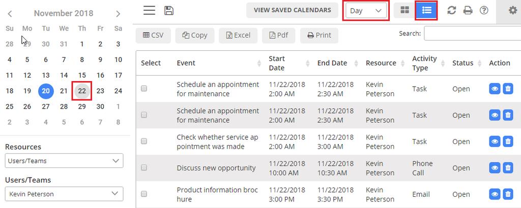 List view works on small calendar available on left side of the calendar. It shows list of events based on day selected in the smaller calendar.