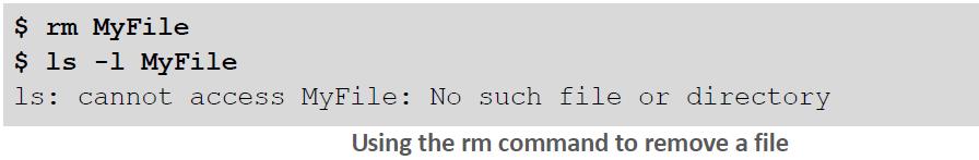 rm Purpose: Remove files. Usage syntax: rm [OPTIONS] [FILE] The rm command removes files. In the above example, the rm command is used to remove MyFile.