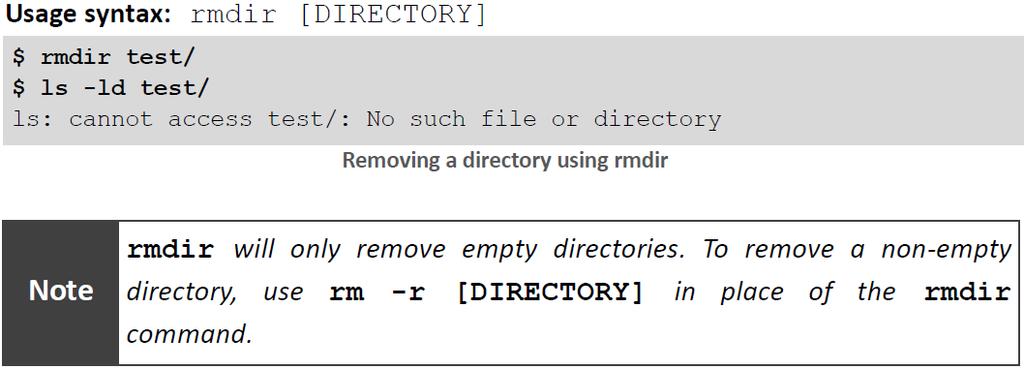 section of the ls output contains a d prefix. This indicates that the item is a directory. The rmdir command removes directories.