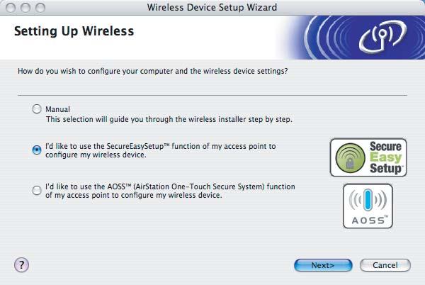 Wireless Configuration for Macintosh e Make the following selection and click Next.