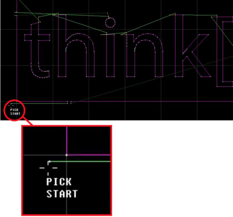 Pick Start: The Preview window will open and the cursor will turn into a + symbol with the word PICK START beneath it. This allows you to select where the machine will begin the toolpath.