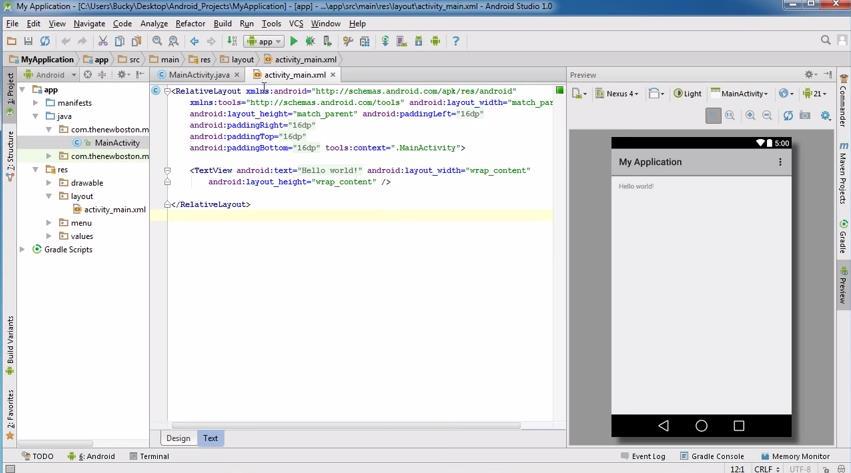 Design Option 2: Edit XML Directly Text view: Directly edit XML file defining screen (activity_main.