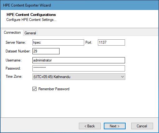 Figure 2-2: HPE Content Configurations Screen Connection Tab Table 2-2: HPE Content Configurations Screen Description of Fields Field Server Name Port Dataset Number Username Password Time Zone