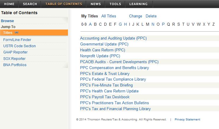 PPC s titles are organized by topic (and by practice area) within Checkpoint s Table of Contents (TOC).