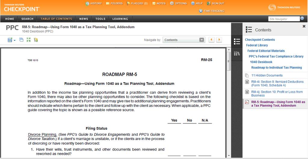 From any of PPC's Deskbooks (accessed from PPC's Federal Tax Compliance Library), you can use the Roadmap feature to review client forms such as Form 1040 and 1120S.