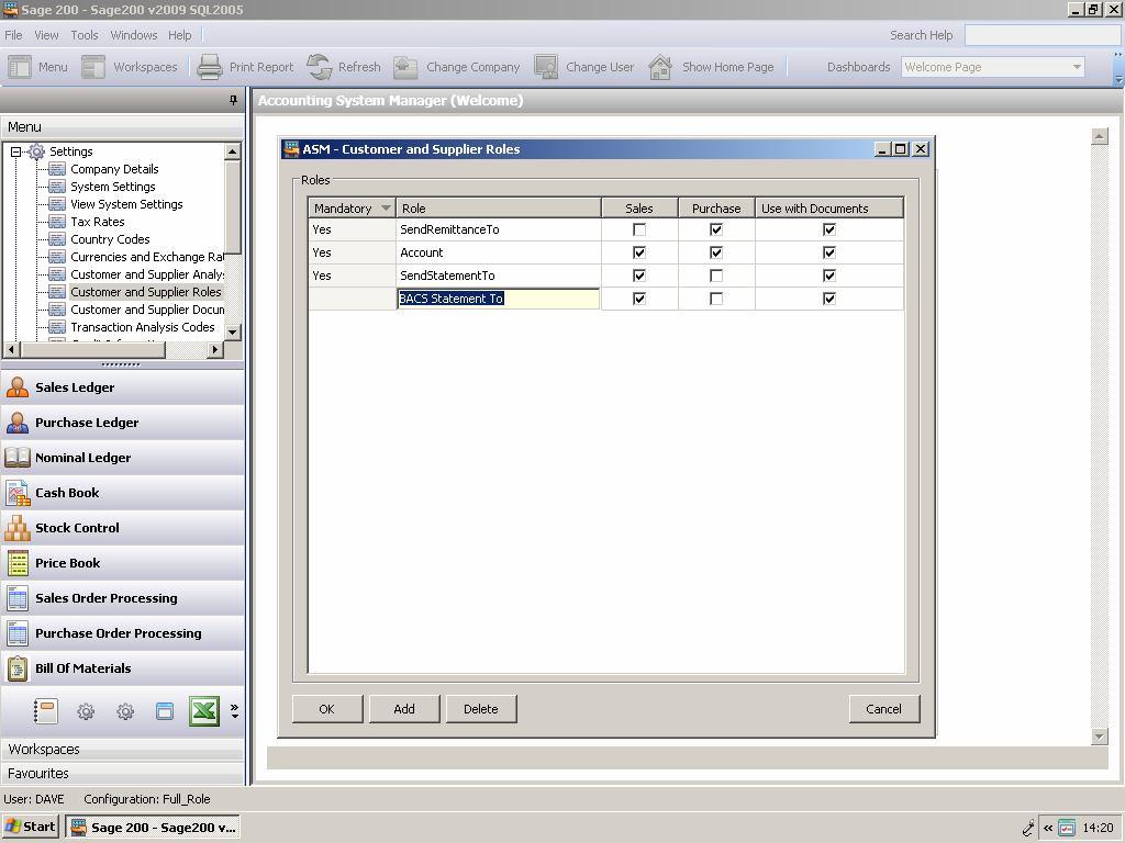 2.4 Set Customer Roles This screen shows how to define the option contact role on the sales ledger to allow the specification of a contact on the account that is to receive the BACS
