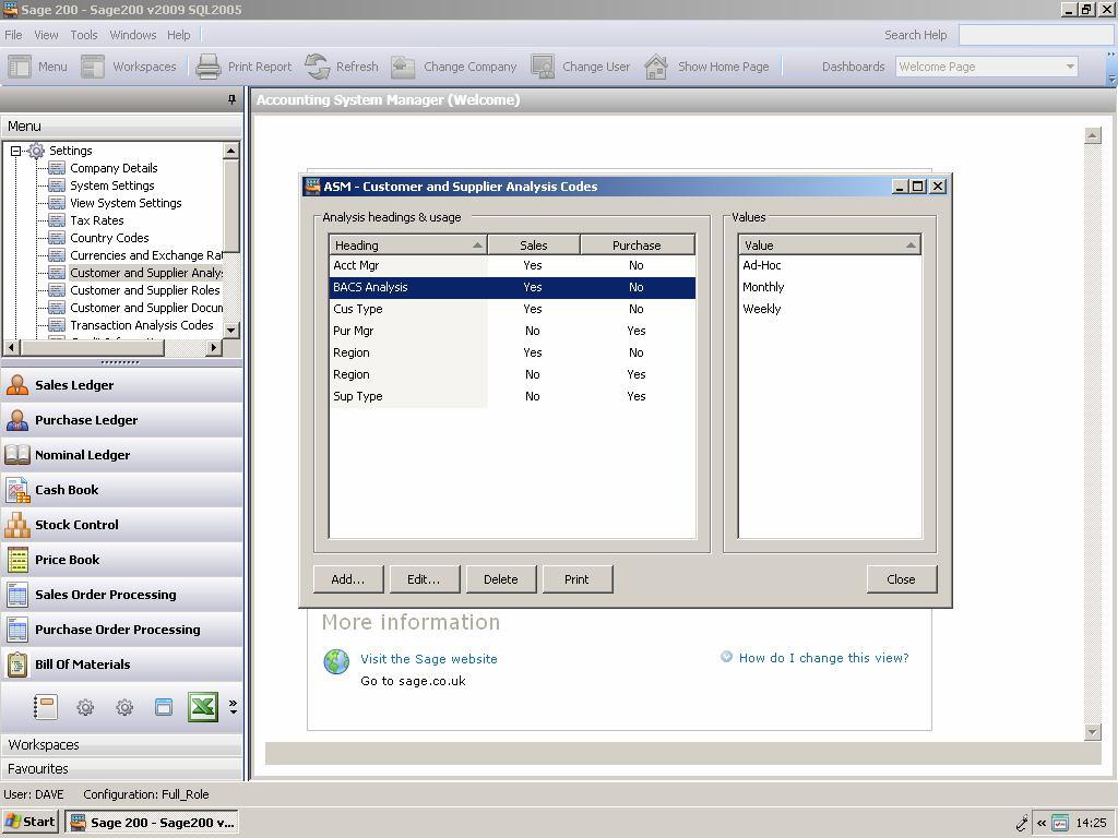 2.5 Setup of Customer Analysis Codes Up to v2009 only This screen shows how the optional Analysis Codes facility is defined which allows customers to be grouped into collection runs, if required.