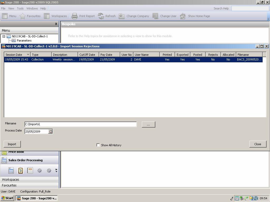 9 Import Session Rejections This screen is dual purpose: Allows the rejections file returned by BACS (ARUDD) to be processed so that any payment requests that were refused by the customer s bank