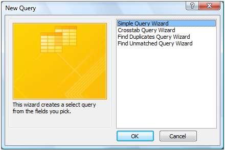 With Simple Query Wizard highlighted, click OK The Simple Query Wizard dialog box opens.