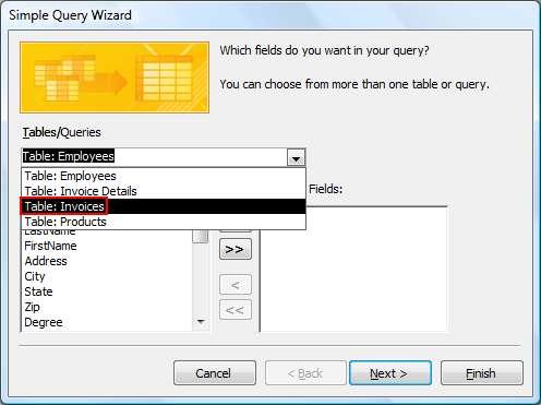 Click Query Wizard in the Other group on the Create tab Select Simple Query Wizard Choose