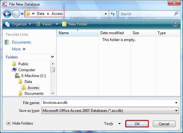 Browse to the desired folder and click OK The File New Database dialog box closes.
